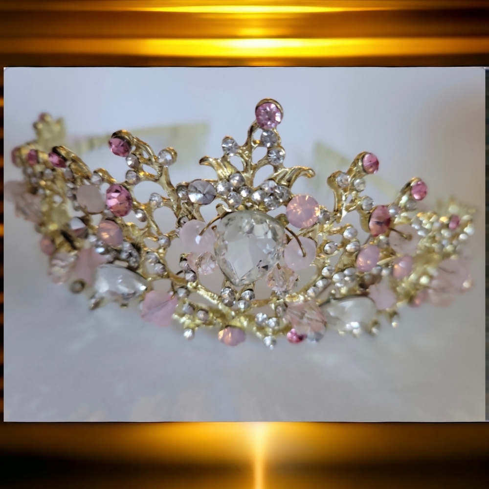 Vtg Heavy Tiara Pink Gold Crystal Gems Beads Comb Hair Head Piece